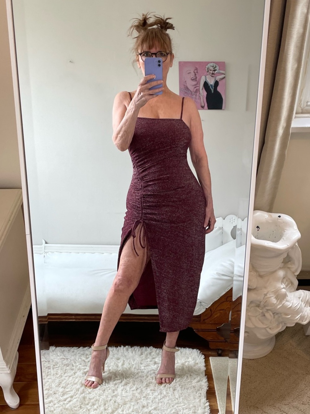 NWT VINE VALLEY BURGUNDY DRESS SPAGHETTI STRAP SIDE RUCHING SLIT SILVER SHIMMER